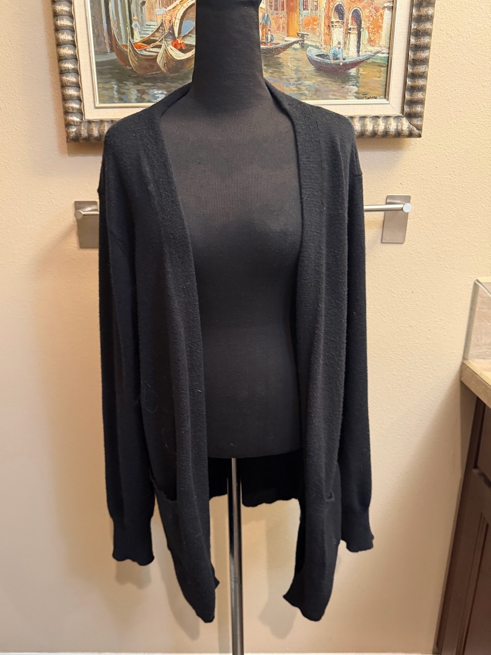YOUR STYLE Open Front Black Cardigan Pockets Slouchy Soft SZ SM Sweater Cozy EUC